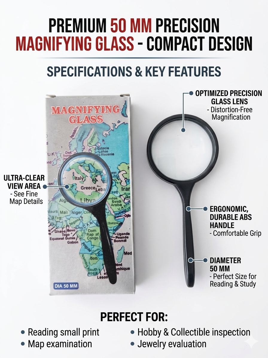 50MM Magnifying Glass for Reading Small Print, Handheld Precision Magnifier with Clear Glass Lens & Ergonomic Handle