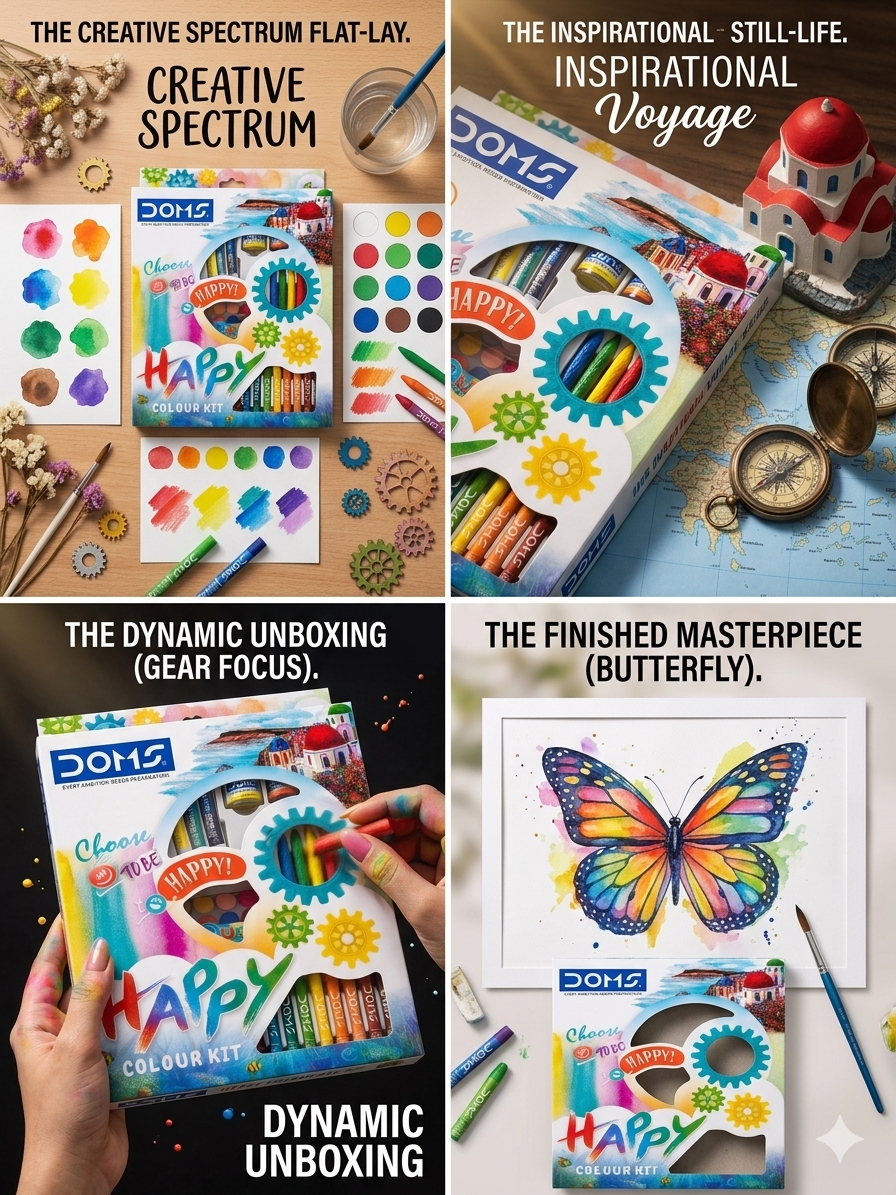 DOMS Happy Colour Kit – All-in-One Art Set for Kids – Includes Poster Colours, Water Colour Cakes, Oil Pastels, Crayons & Drawing Tools – Creative Gift Set with Innovative Die-Cut Packaging