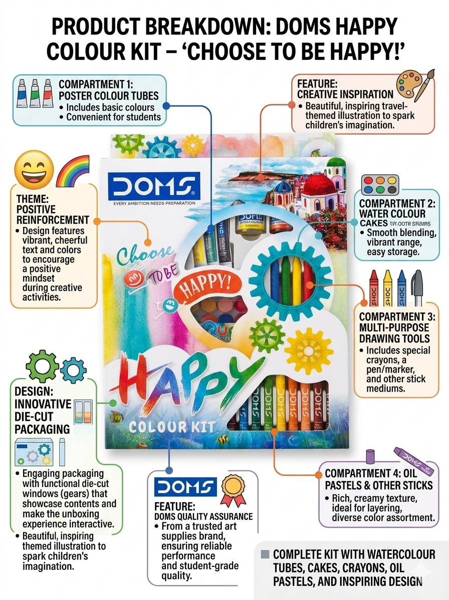 DOMS Happy Colour Kit – All-in-One Art Set for Kids – Includes Poster Colours, Water Colour Cakes, Oil Pastels, Crayons & Drawing Tools – Creative Gift Set with Innovative Die-Cut Packaging