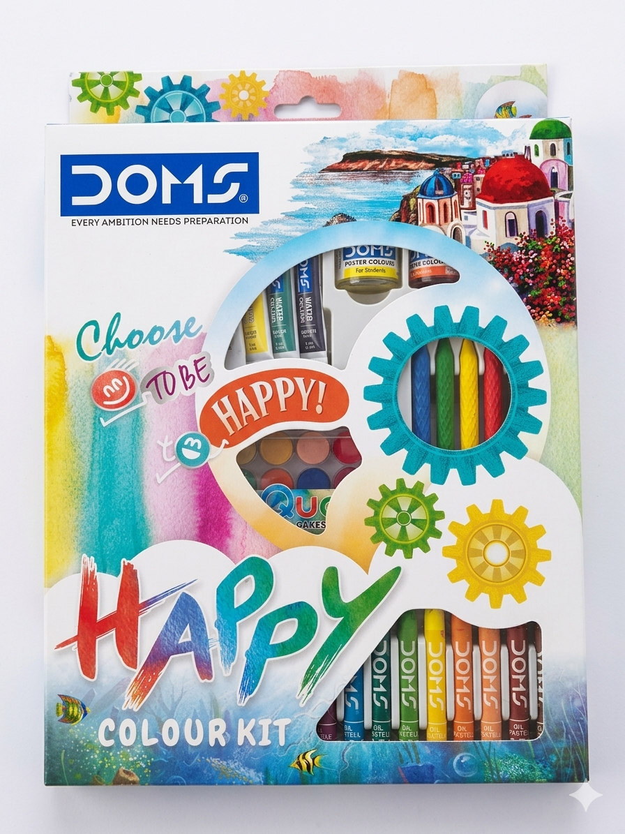 DOMS Happy Colour Kit – All-in-One Art Set for Kids – Includes Poster Colours, Water Colour Cakes, Oil Pastels, Crayons & Drawing Tools – Creative Gift Set with Innovative Die-Cut Packaging