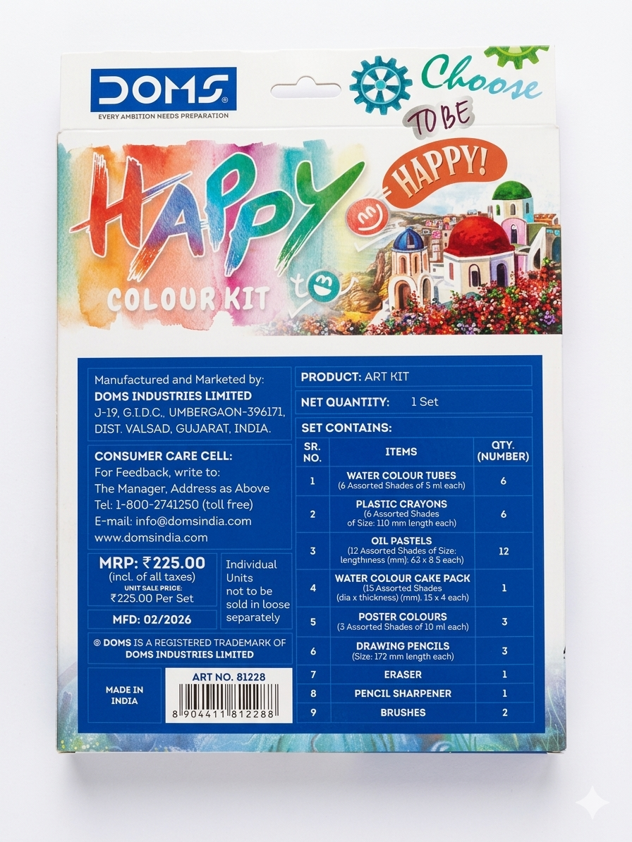 DOMS Happy Colour Kit – All-in-One Art Set for Kids – Includes Poster Colours, Water Colour Cakes, Oil Pastels, Crayons & Drawing Tools – Creative Gift Set with Innovative Die-Cut Packaging