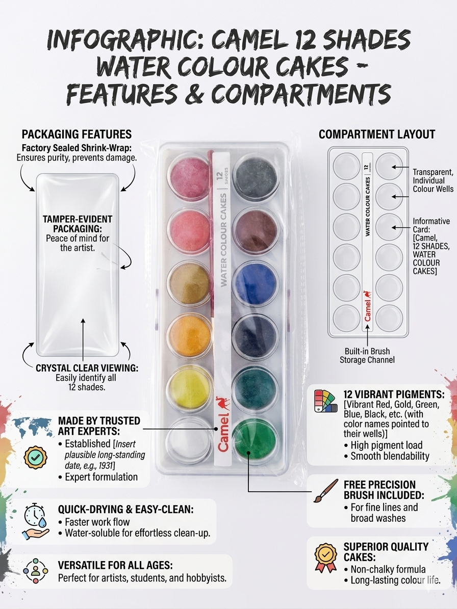 Camel 12 Shades Water Colour Cakes Set – Professional Grade Pigments for Artists & Students – Includes Precision Brush – Non-Chalky, Smooth Blending & Quick-Drying