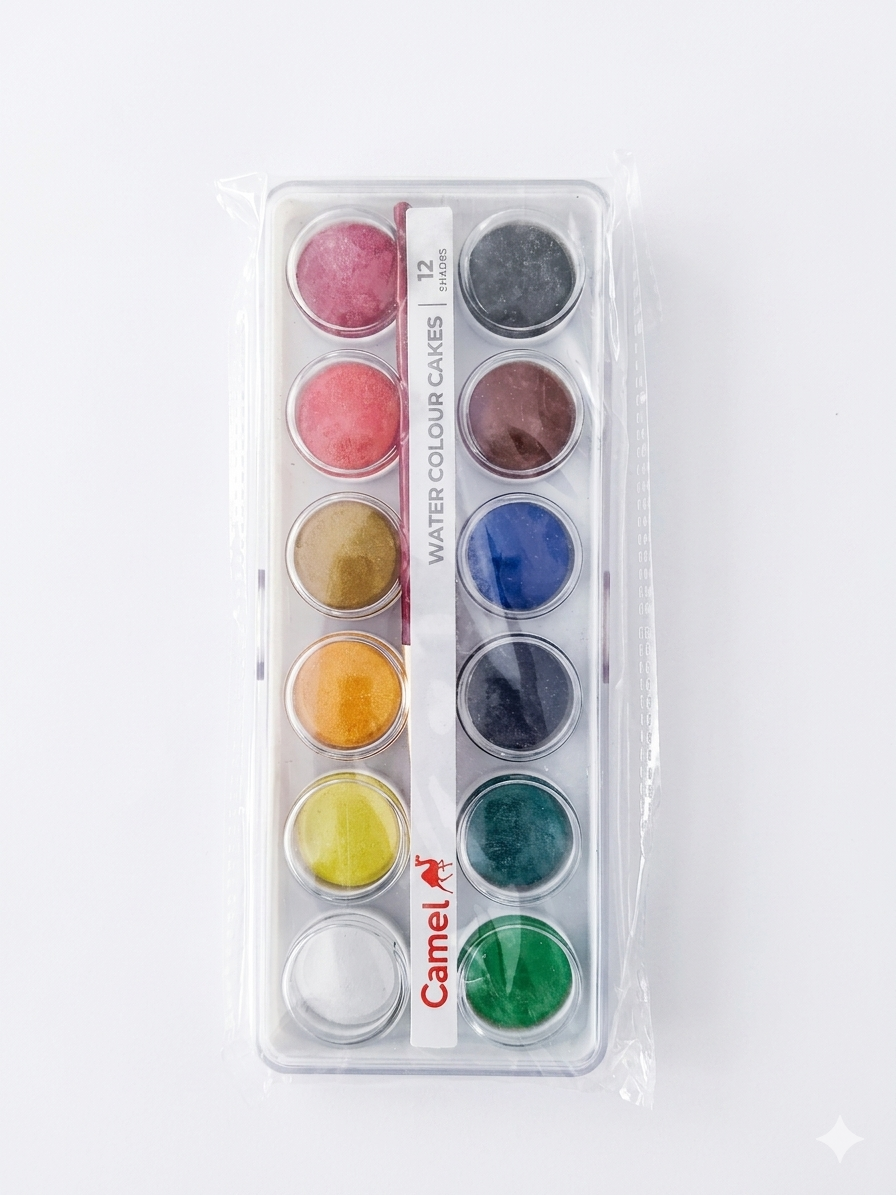 Camel 12 Shades Water Colour Cakes Set – Professional Grade Pigments for Artists & Students – Includes Precision Brush – Non-Chalky, Smooth Blending & Quick-Drying