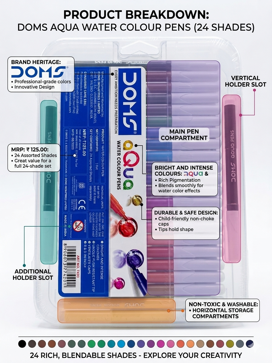 DOMS Aqua Water Colour Pens – 24 Assorted Shades – Professional Grade, Non-Toxic, and Washable Sketch Pens for Artists & Students – Rich Pigmentation & Smooth Blending