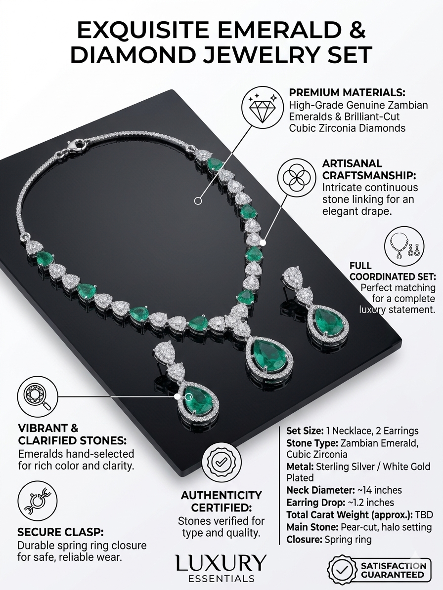 EXQUISITE EMERALD & DIAMOND SET High-grade genuine Zambian emeralds accented with brilliant-cut cubic zirconia.