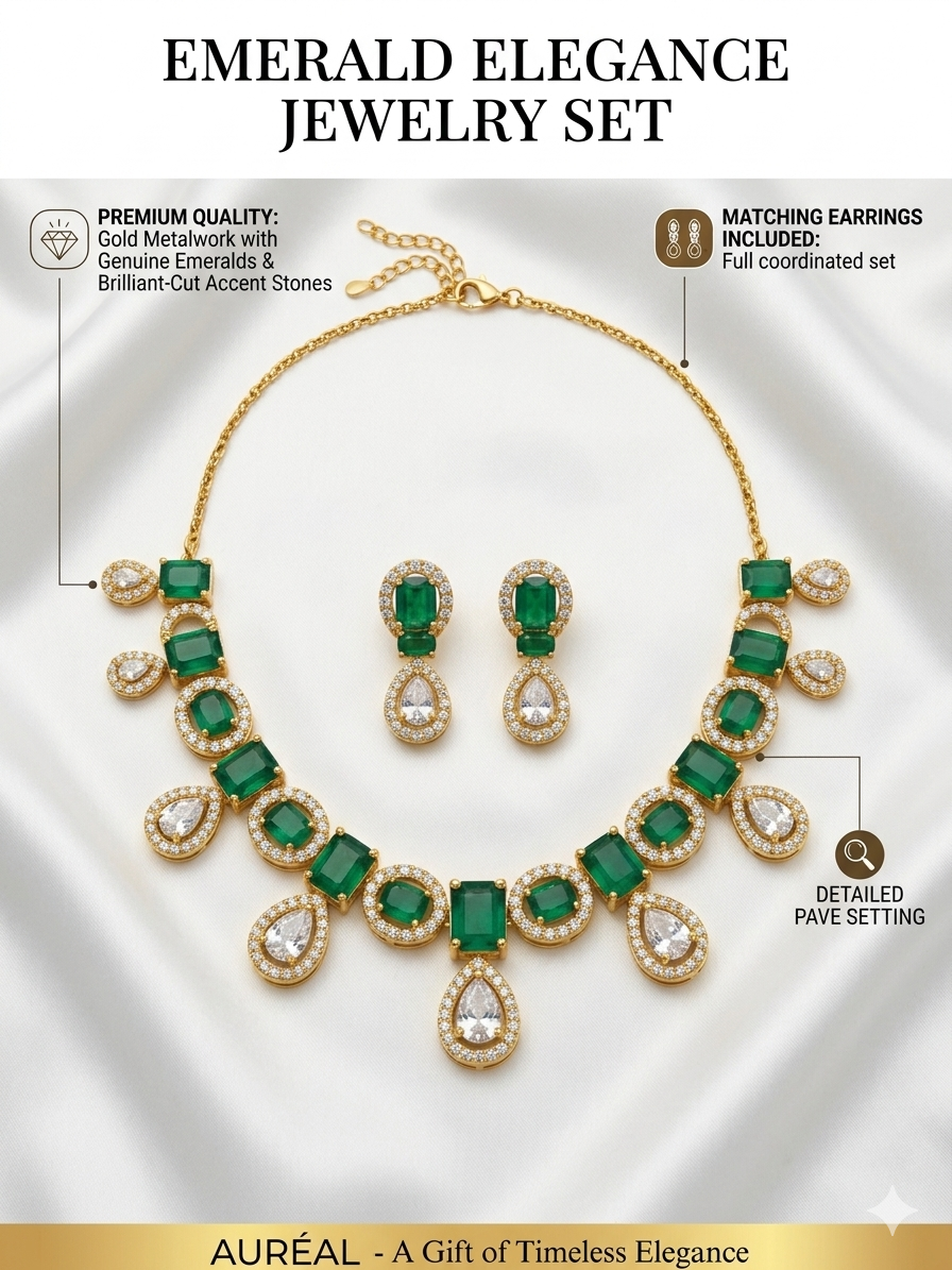 EXQUISITE DIAMOND & EMERALD COLLAR SET Premium Quality: High-grade Cubic Zirconia diamonds paired with genuine emeralds for a high-end finish.
