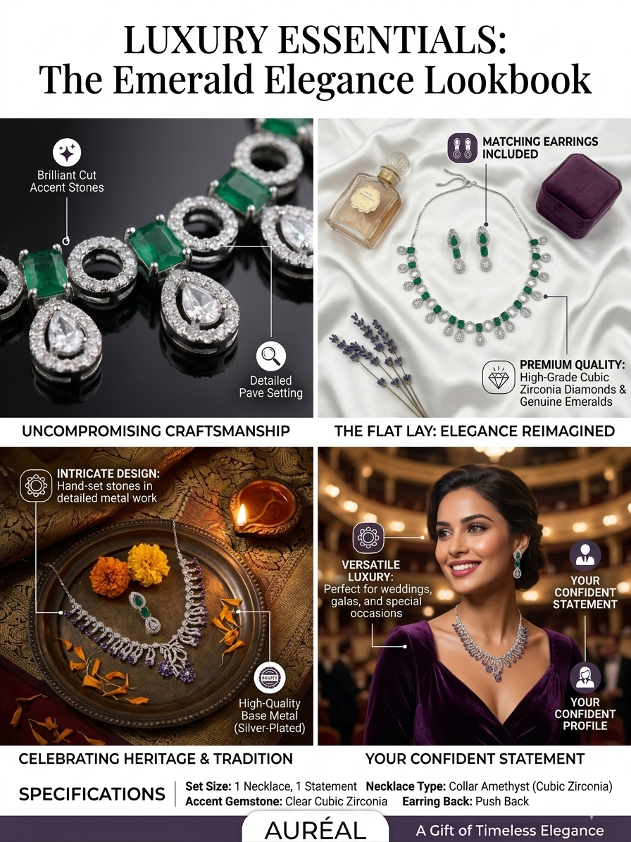 EXQUISITE DIAMOND & EMERALD COLLAR SET Premium Quality: High-grade Cubic Zirconia diamonds paired with genuine emeralds for a high-end finish.