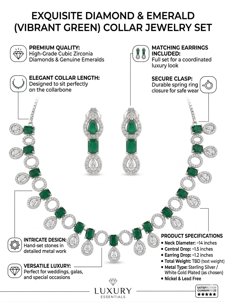 EXQUISITE DIAMOND & EMERALD COLLAR SET Premium Quality: High-grade Cubic Zirconia diamonds paired with genuine emeralds for a high-end finish.