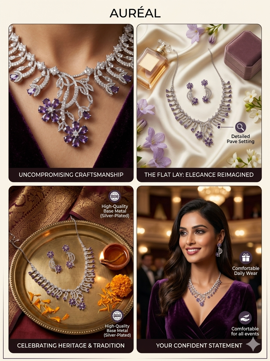 AURÉAL Premium Cubic Zirconia & Faux Amethyst Jewelry Set – Floral Statement Necklace & Matching Earrings – Silver-Plated, Nickel & Lead-Free – Elegant Gift for Weddings, Parties & Anniversaries