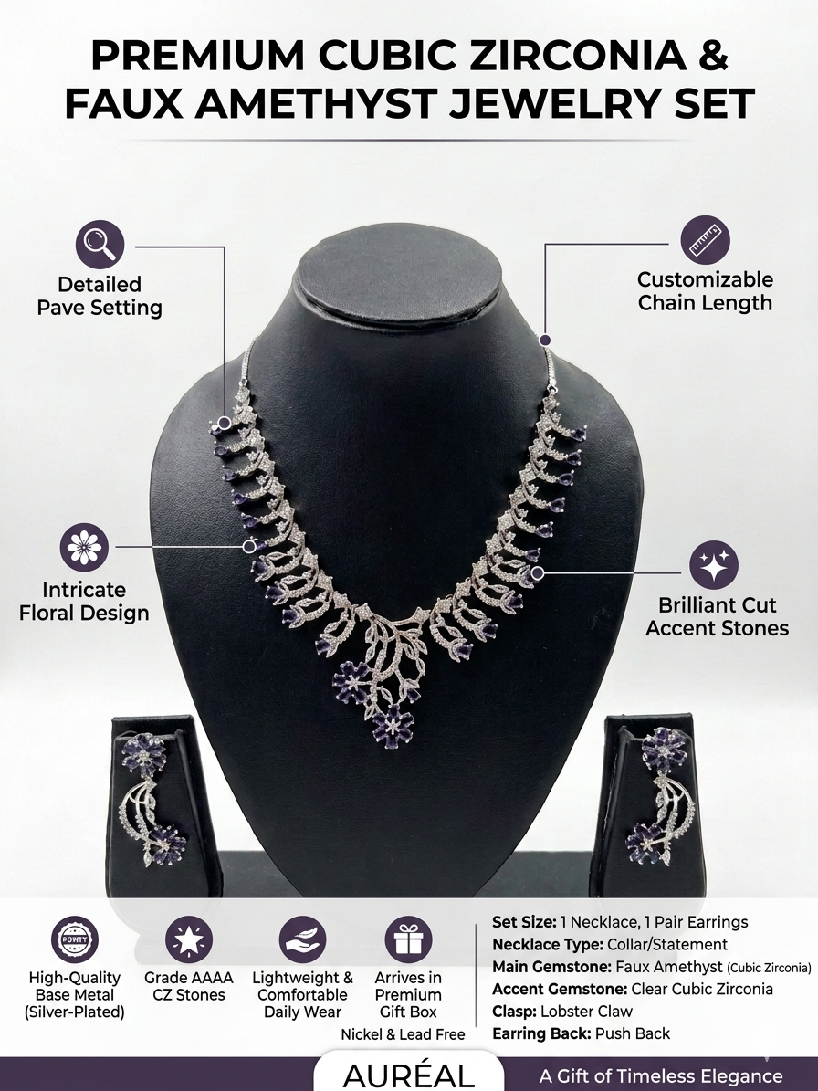 AURÉAL Premium Cubic Zirconia & Faux Amethyst Jewelry Set – Floral Statement Necklace & Matching Earrings – Silver-Plated, Nickel & Lead-Free – Elegant Gift for Weddings, Parties & Anniversaries