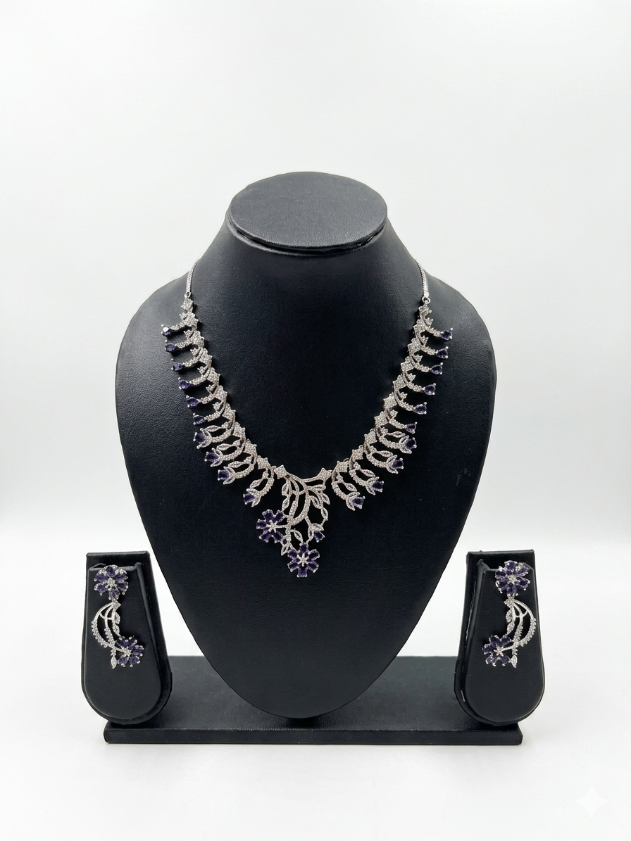AURÉAL Premium Cubic Zirconia & Faux Amethyst Jewelry Set – Floral Statement Necklace & Matching Earrings – Silver-Plated, Nickel & Lead-Free – Elegant Gift for Weddings, Parties & Anniversaries