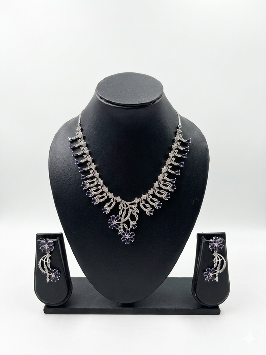 AURÉAL Premium Cubic Zirconia & Faux Amethyst Jewelry Set – Floral Statement Necklace & Matching Earrings – Silver-Plated, Nickel & Lead-Free – Elegant Gift for Weddings, Parties & Anniversaries