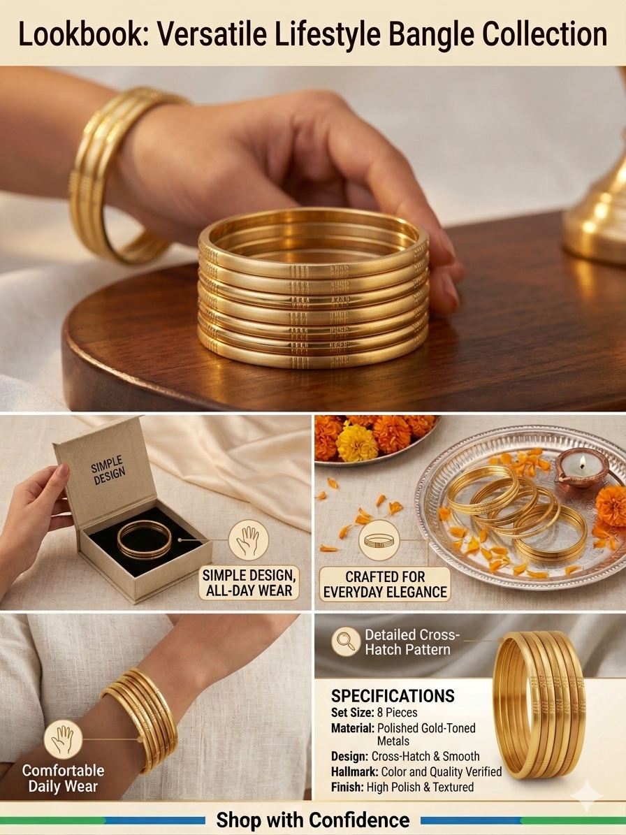 Premium Bangle Set for Women - 8-Piece BIS Certified Bangles with Elegant Cross-Hatch & Smooth High Polish Finish, Traditional Textured Kada Set, Luxury Jewelry Gift