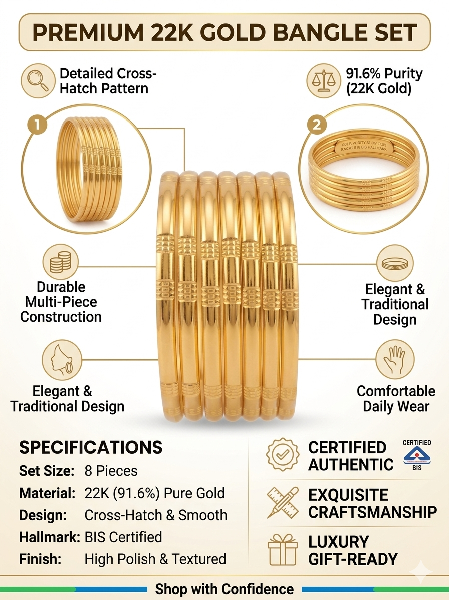 Premium Bangle Set for Women - 8-Piece BIS Certified Bangles with Elegant Cross-Hatch & Smooth High Polish Finish, Traditional Textured Kada Set, Luxury Jewelry Gift