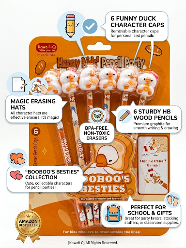 Harmal Store Happy Kids' Pencil Party HB Wood Pencils with 6 Funny Duck Eraser Caps – BOOBOO’S BESTIES Collection, Magic Erasing Hats, Non-Toxic & BPA-Free – Perfect for School Supplies, Stationary Gifts & Birthday Party Favors (6-Pack)