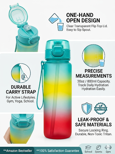Harmal Store 30oz Sports Water Bottle with Straw - 800ml BPA-Free Tritan Leak-Proof Motivation Fitness Jug with Precise Measurement Timeline, One-Hand Open Flip Top, Carry Strap for Gym & Yoga