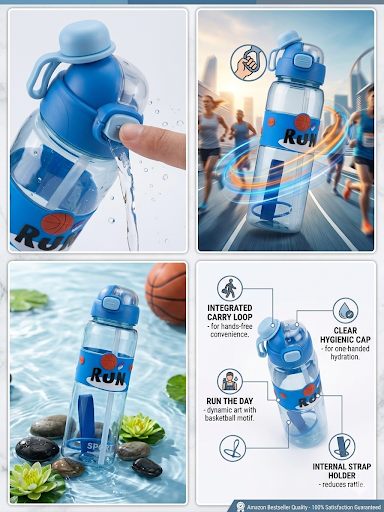 Harmal Store Sport Run Insulated Water Bottle with Straw - Leak-Proof Sports Fitness Flask with Basketball Motif, Easy Carry Loop & Internal Storage Hydration Band for School, Gym, Cup Holder Friendly