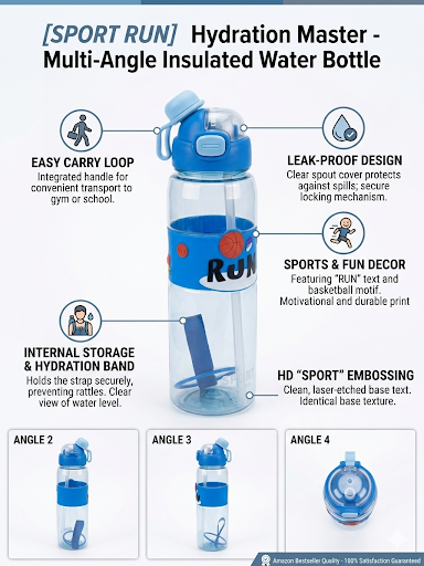 Harmal Store Sport Run Insulated Water Bottle with Straw - Leak-Proof Sports Fitness Flask with Basketball Motif, Easy Carry Loop & Internal Storage Hydration Band for School, Gym, Cup Holder Friendly