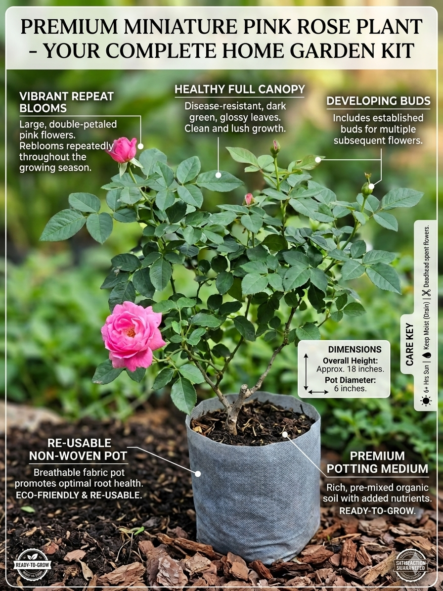 remium Miniature Pink Rose Plant Live for Home Garden, Ready-to-Grow Flowering Rose Plant in Reusable Grow Bag with Organic Potting Soil