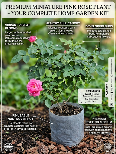 remium Miniature Pink Rose Plant Live for Home Garden, Ready-to-Grow Flowering Rose Plant in Reusable Grow Bag with Organic Potting Soil