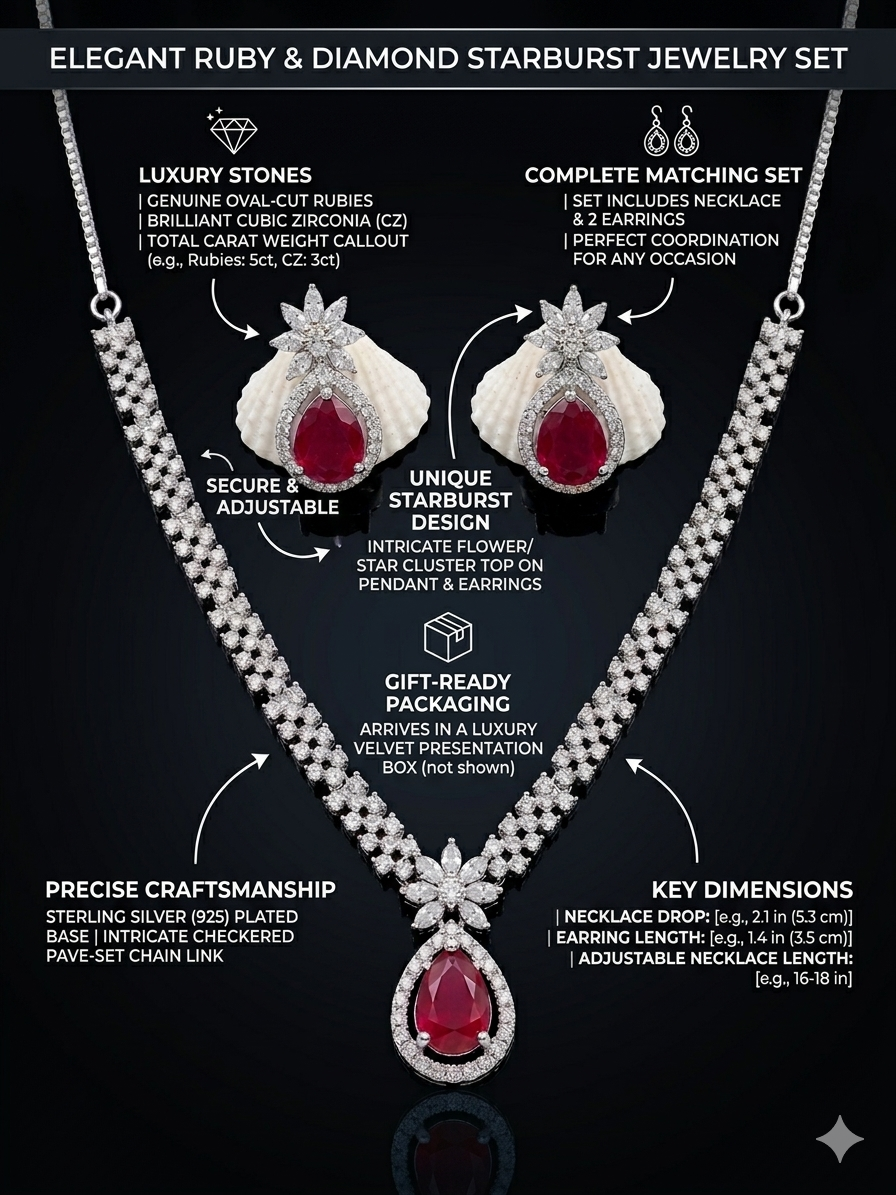 Harmal Store Elegant Ruby & Diamond Starburst Jewelry Set – Oval-Cut Red Ruby Pendant Necklace & Matching Star Cluster Earrings