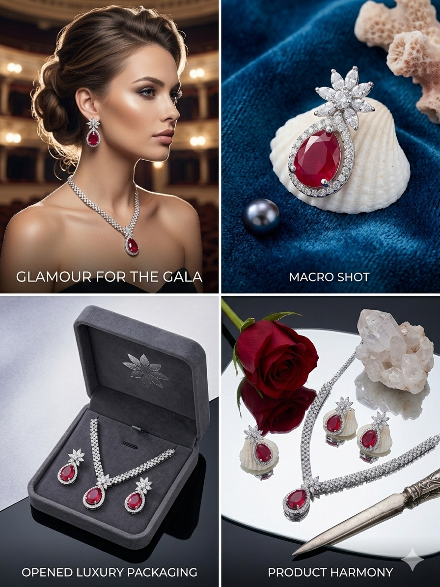 Harmal Store Elegant Ruby & Diamond Starburst Jewelry Set – Oval-Cut Red Ruby Pendant Necklace & Matching Star Cluster Earrings