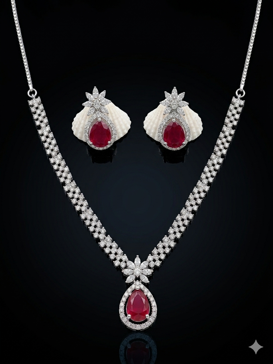 Harmal Store Elegant Ruby & Diamond Starburst Jewelry Set – Oval-Cut Red Ruby Pendant Necklace & Matching Star Cluster Earrings