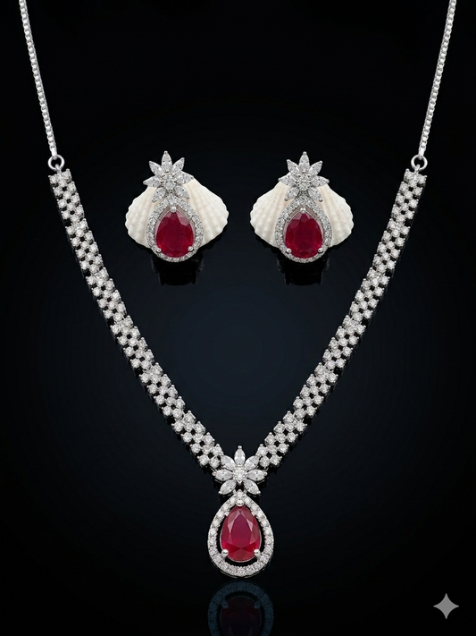 Harmal Store Elegant Ruby & Diamond Starburst Jewelry Set – Oval-Cut Red Ruby Pendant Necklace & Matching Star Cluster Earrings