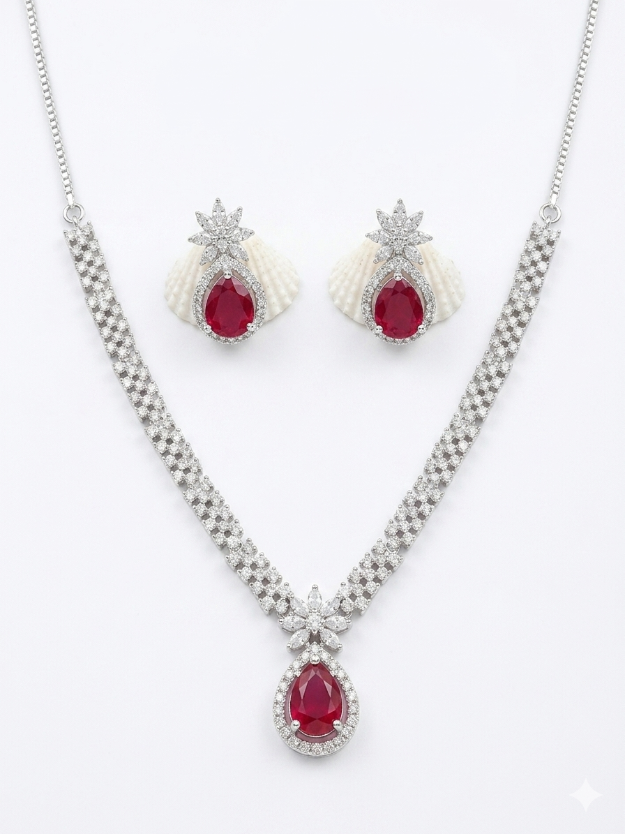Harmal Store Elegant Ruby & Diamond Starburst Jewelry Set – Oval-Cut Red Ruby Pendant Necklace & Matching Star Cluster Earrings