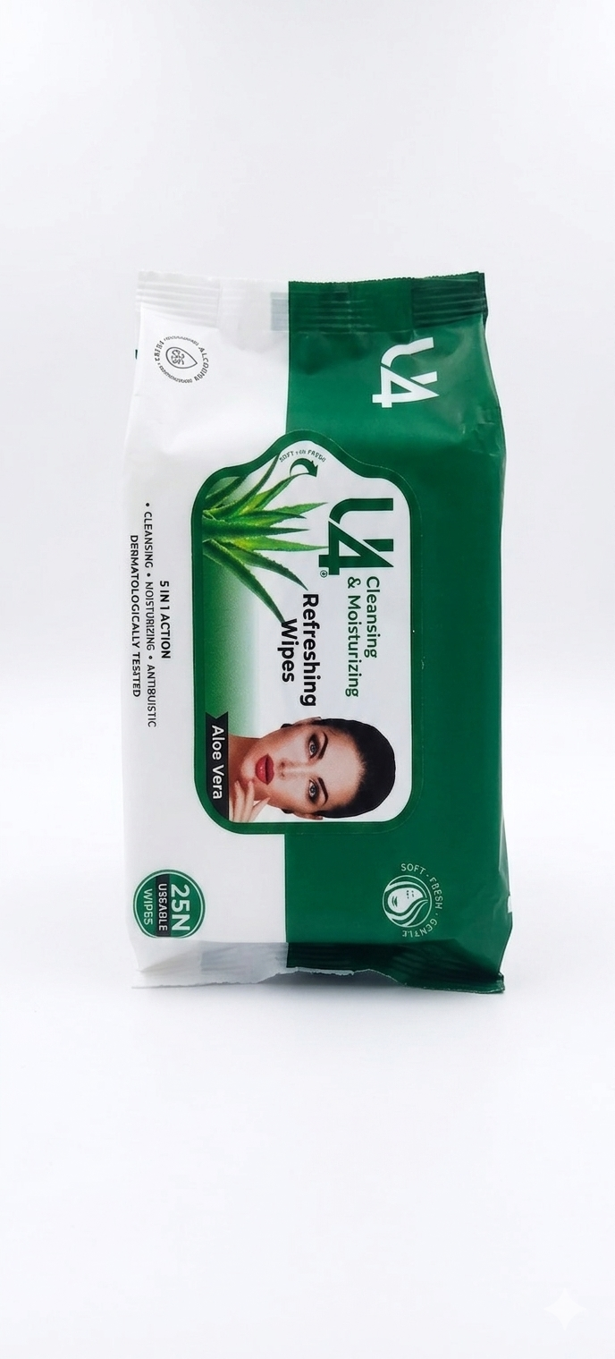 U4 Refreshing Aloe Vera Facial Wipes – 25 Large Useable Wipes | 5-in-1 Action Deep Cleansing, Moisturizing & Anti-Bacterial Wet Wipes for Face