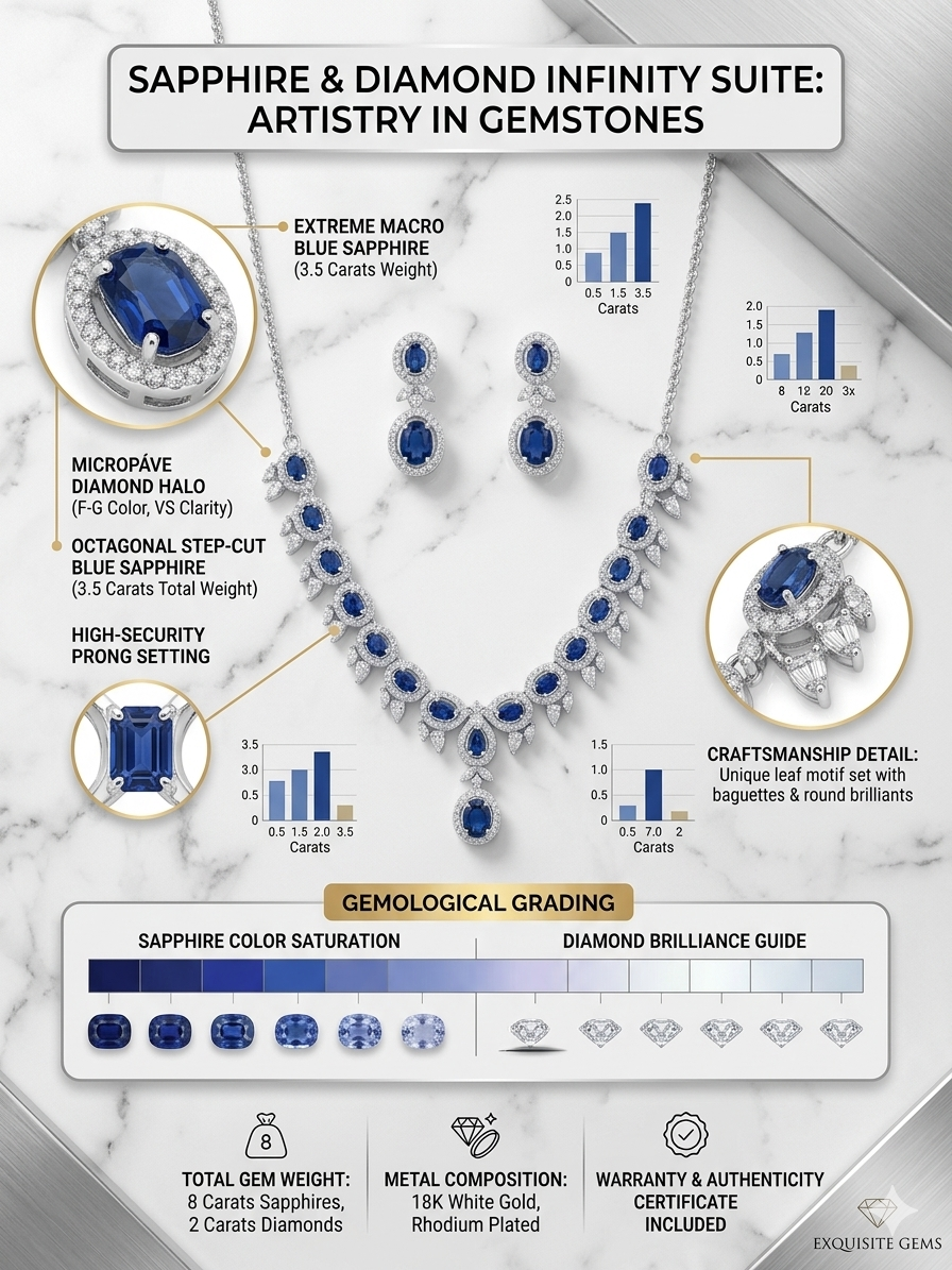 Harmal Store Premium Sapphire & Diamond Infinity Suite – 8 Carat Octagonal Step-Cut Blue Sapphire & 2 Carat Micropave Diamond Halo Jewelry Set