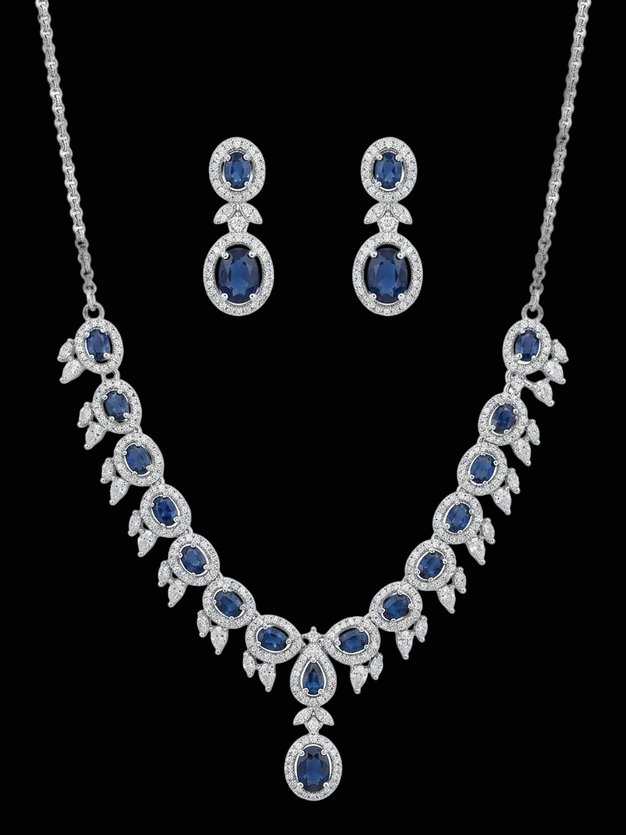 Harmal Store Premium Sapphire & Diamond Infinity Suite – 8 Carat Octagonal Step-Cut Blue Sapphire & 2 Carat Micropave Diamond Halo Jewelry Set