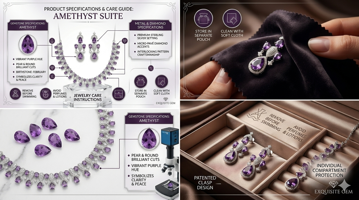 Harmal Store AURÉAL Premium Cubic Zirconia & Faux Amethyst Jewelry Set – Intricate Floral Collar Statement Necklace & Matching Dangle Earrings