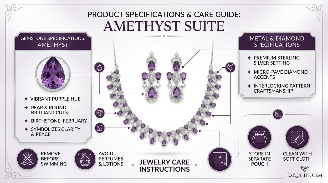 Harmal Store AURÉAL Premium Cubic Zirconia & Faux Amethyst Jewelry Set – Intricate Floral Collar Statement Necklace & Matching Dangle Earrings