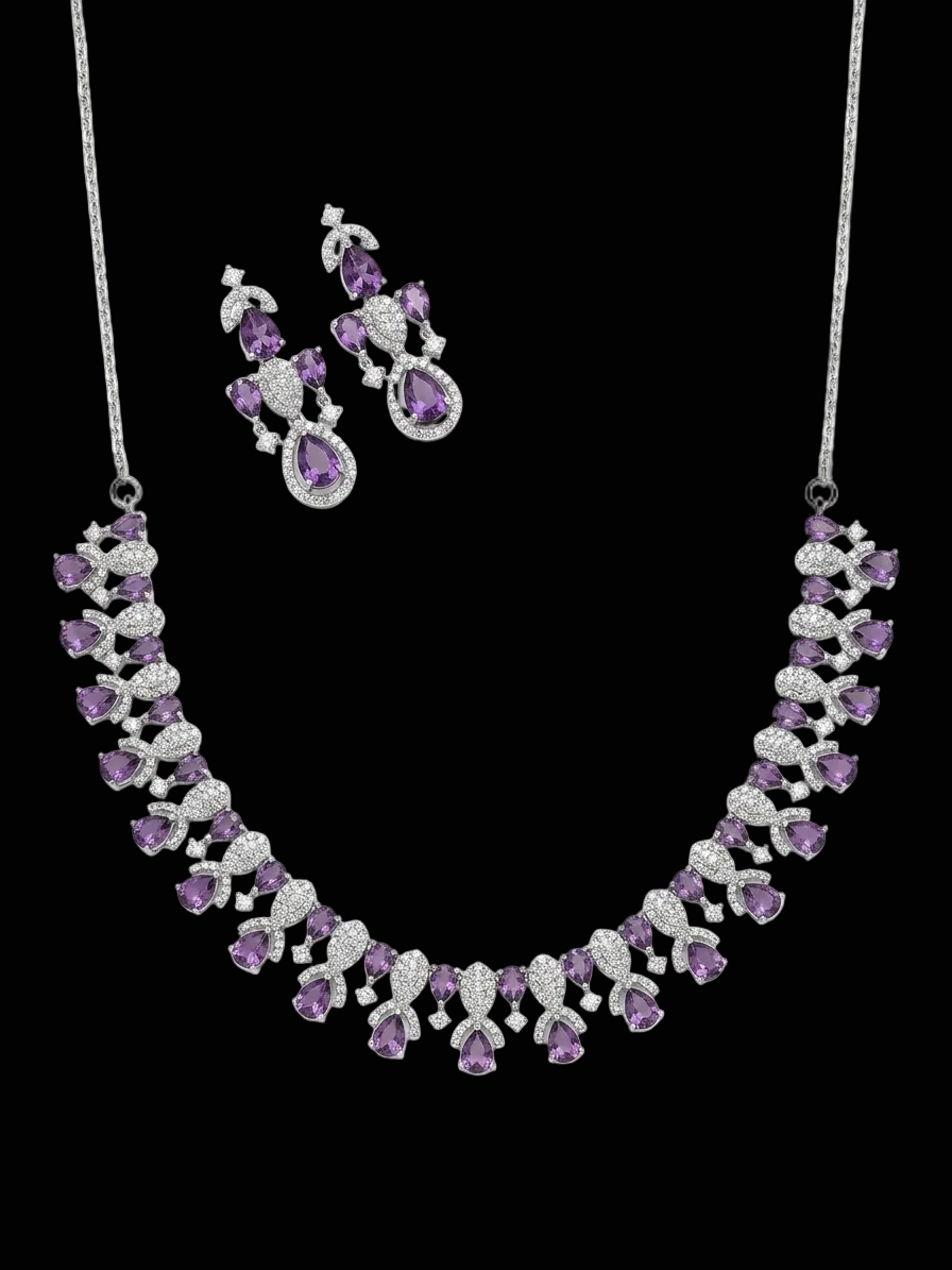 Harmal Store AURÉAL Premium Cubic Zirconia & Faux Amethyst Jewelry Set – Intricate Floral Collar Statement Necklace & Matching Dangle Earrings