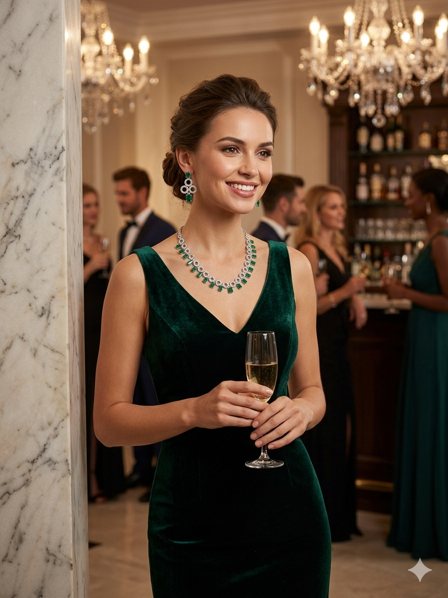 Harmal Store Premium Emerald Circlet Suite – 3.5 Carat Octagonal Step-Cut Colombian Emerald &amp; Micropave American Diamond Embellishment Jewelry Set – Interlocking Necklace &amp; Chandelier Earrings with High-Security Posts