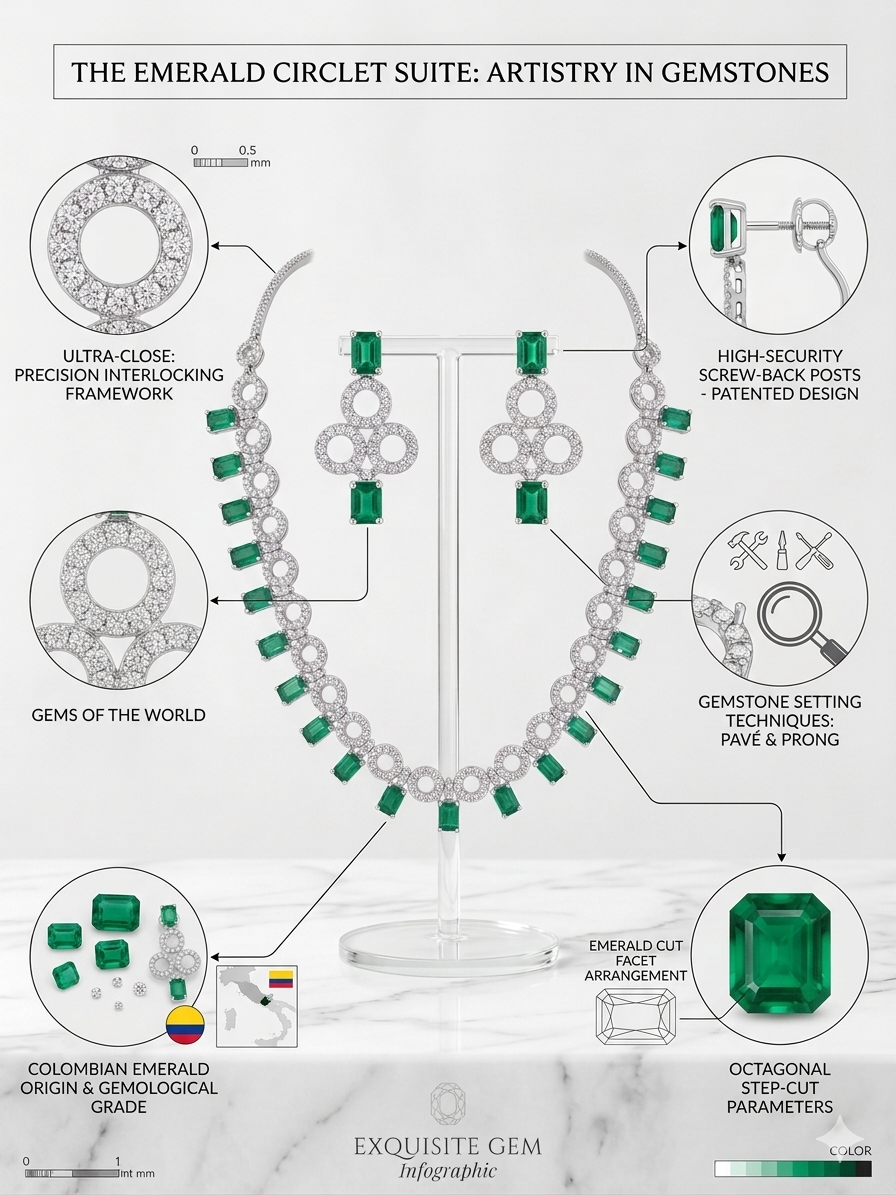 Harmal Store Premium Emerald Circlet Suite – 3.5 Carat Octagonal Step-Cut Colombian Emerald &amp; Micropave American Diamond Embellishment Jewelry Set – Interlocking Necklace &amp; Chandelier Earrings with High-Security Posts