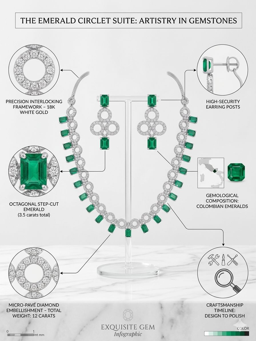 Harmal Store Premium Emerald Circlet Suite – 3.5 Carat Octagonal Step-Cut Colombian Emerald &amp; Micropave American Diamond Embellishment Jewelry Set – Interlocking Necklace &amp; Chandelier Earrings with High-Security Posts