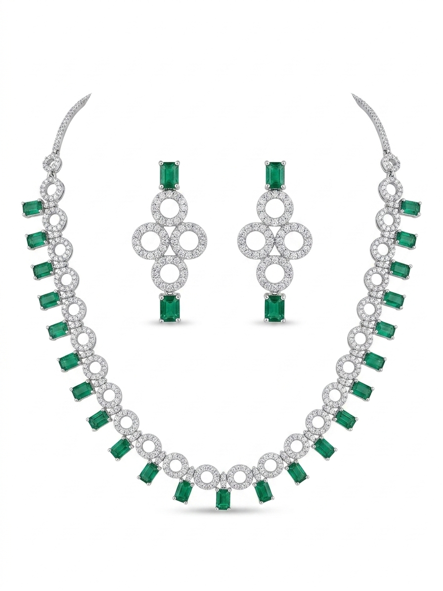 Harmal Store Premium Emerald Circlet Suite – 3.5 Carat Octagonal Step-Cut Colombian Emerald &amp; Micropave American Diamond Embellishment Jewelry Set – Interlocking Necklace &amp; Chandelier Earrings with High-Security Posts