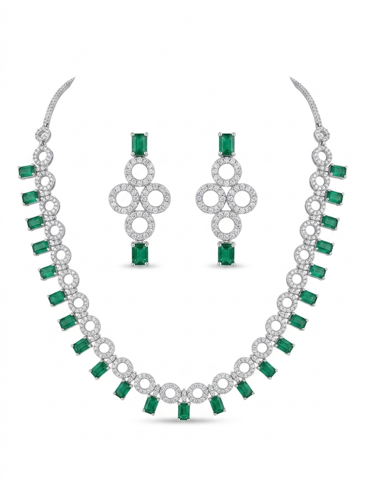 Harmal Store Premium Emerald Circlet Suite – 3.5 Carat Octagonal Step-Cut Colombian Emerald &amp; Micropave American Diamond Embellishment Jewelry Set – Interlocking Necklace &amp; Chandelier Earrings with High-Security Posts