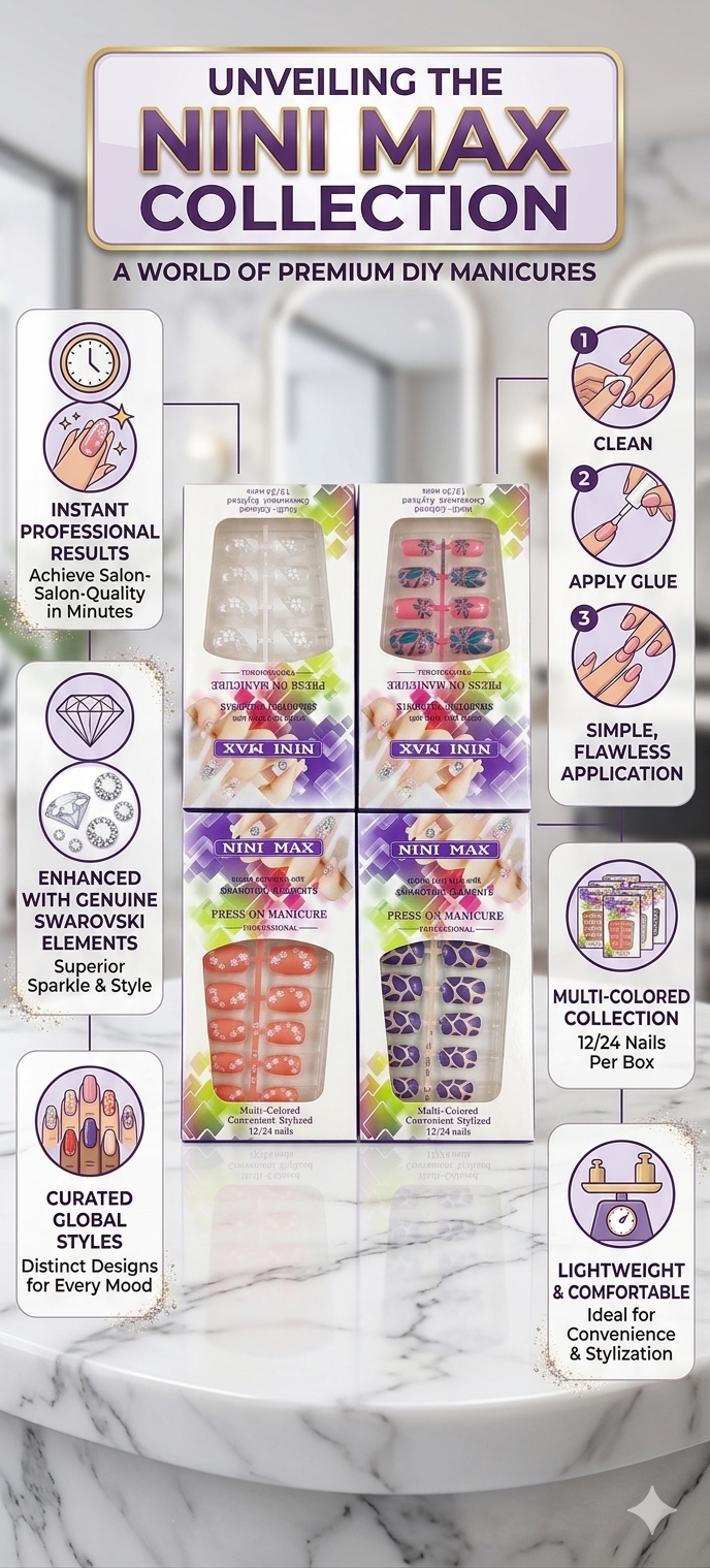 Harmal Store NINI MAX Premium Press-On Manicure Collection – DIY Fake Nails Enhanced with Genuine Swarovski Elements