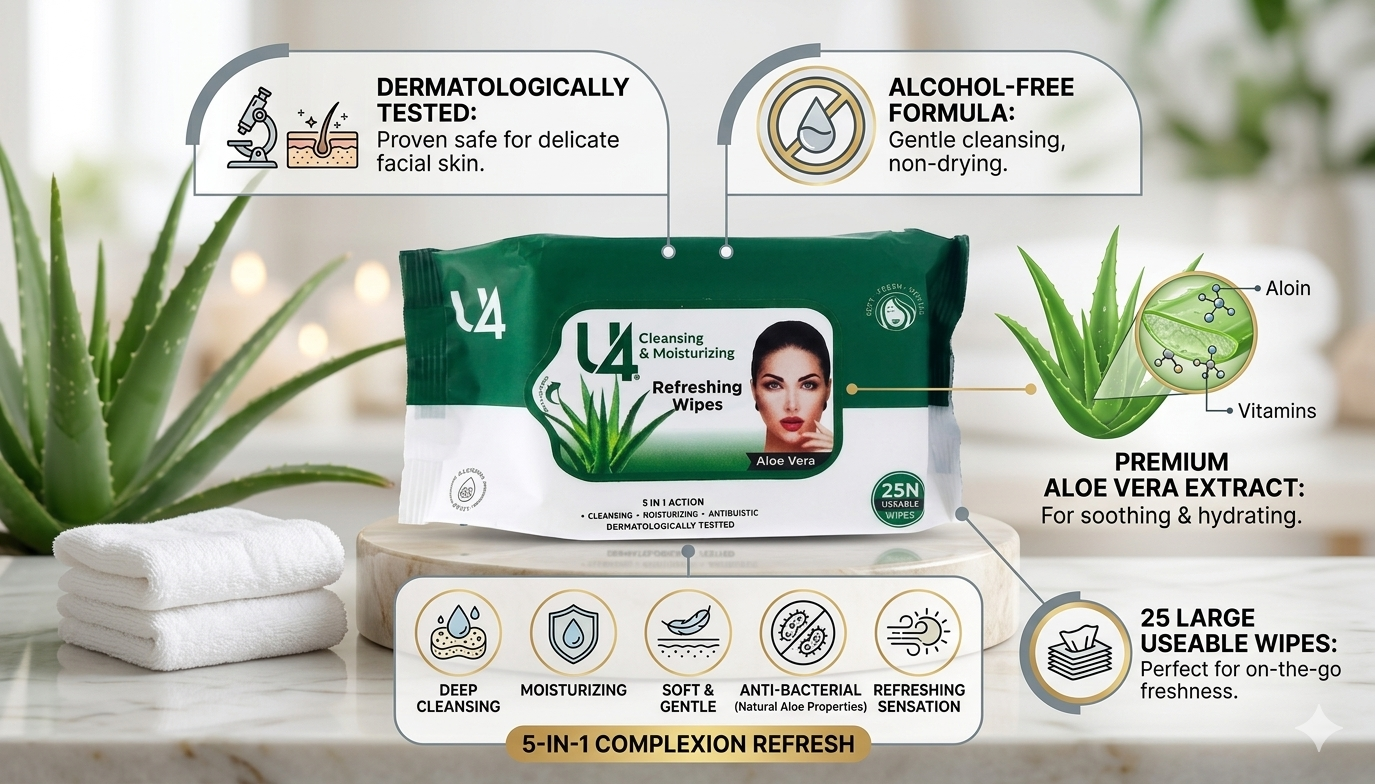 U4 Refreshing Aloe Vera Facial Wipes – 25 Large Useable Wipes | 5-in-1 Action Deep Cleansing, Moisturizing & Anti-Bacterial Wet Wipes for Face