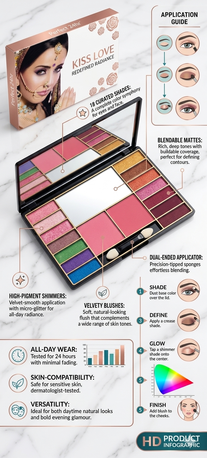 KISS LOVE Redefined Radiance Eye & Face Palette by Perfect 24hr | 18-Color Multi-Functional Makeup Kit with Mirror – Smooth Shimmers, Mattes & Blushes