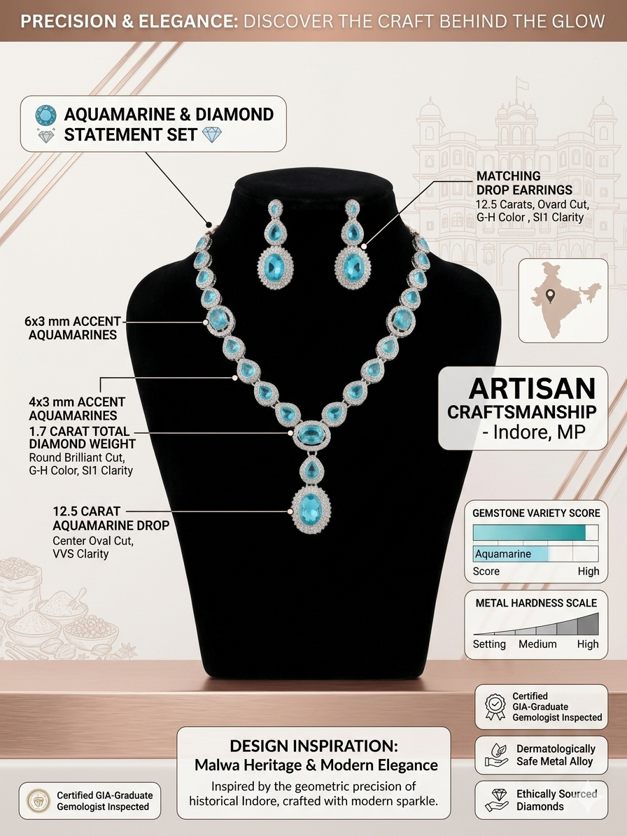 Harmal Store Premium American Diamond Necklace Set | Heritage Oval Cut 12.5 Carat Drop Pendant with Matching 3-Tier Drop Earrings – Certified Artisan Crafted Jewelry
