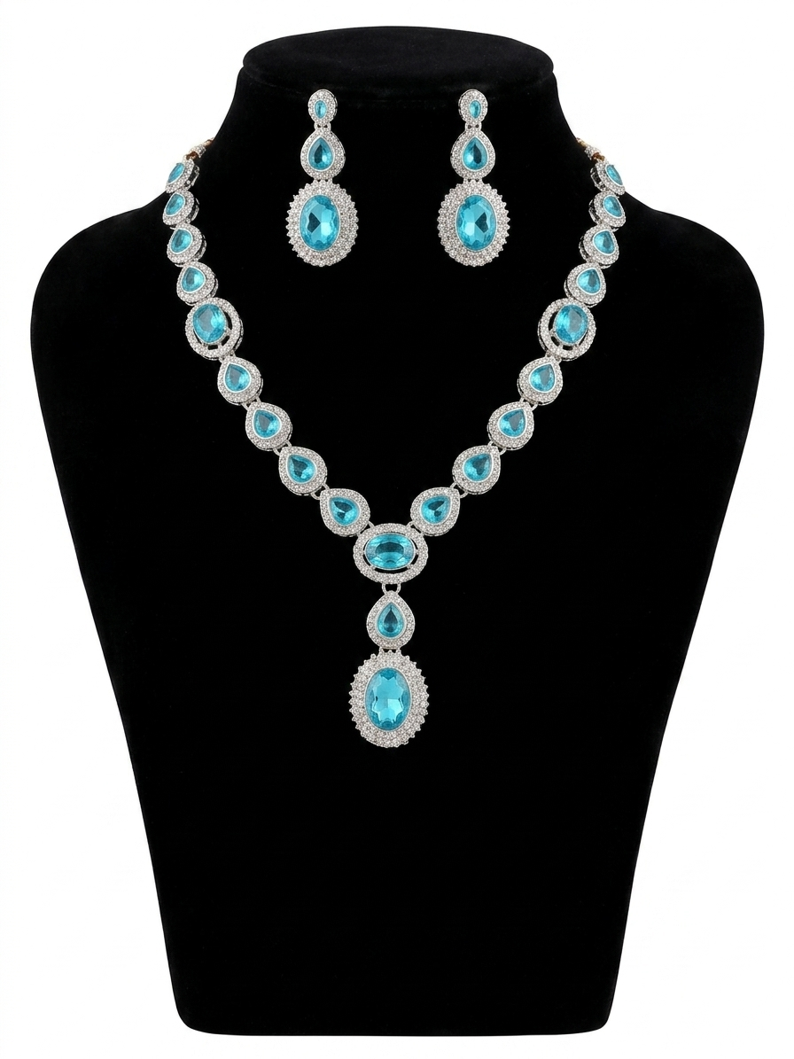 Harmal Store Premium American Diamond Necklace Set | Heritage Oval Cut 12.5 Carat Drop Pendant with Matching 3-Tier Drop Earrings – Certified Artisan Crafted Jewelry