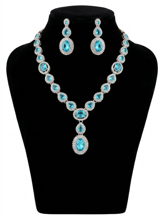 Harmal Store Premium American Diamond Necklace Set | Heritage Oval Cut 12.5 Carat Drop Pendant with Matching 3-Tier Drop Earrings – Certified Artisan Crafted Jewelry