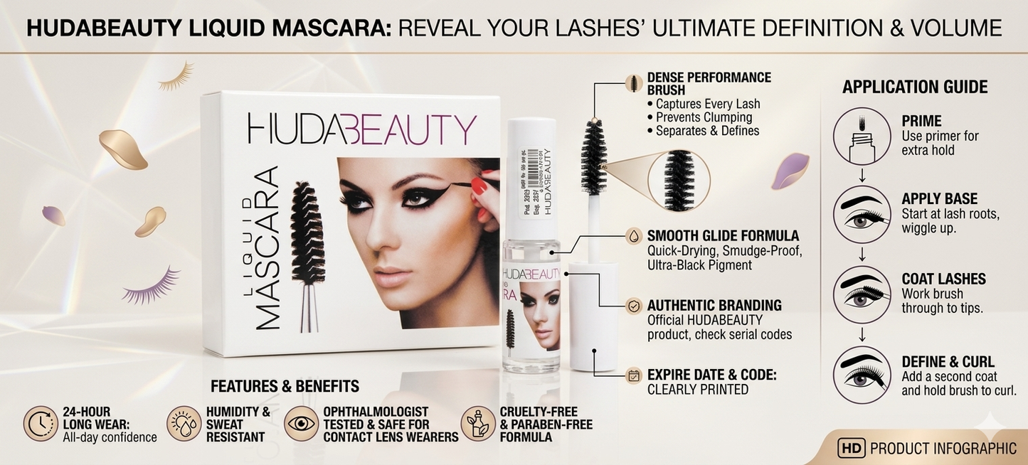 HUDABEAUTY Liquid Mascara for Ultimate Lash Volume and Length 1 peace | Ultra-Black Pigment, Quick-Drying & Clump-Free – Ophthalmologist Tested & Cruelty-Free