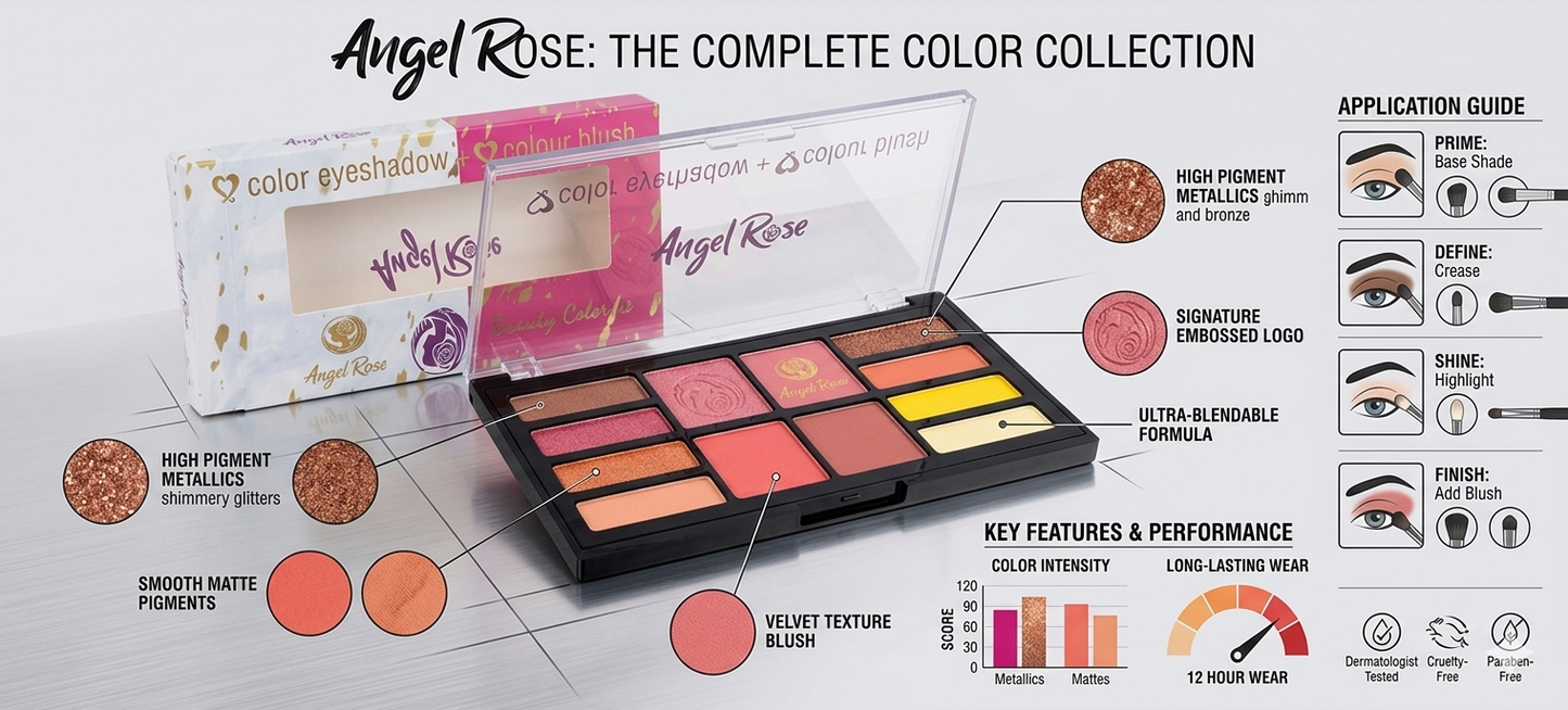 Harmal Store Angel Rose Makeup Palette | All-in-One Eyeshadow & Cheek Blush Combo Kit – Ultra-Blendable Long-Lasting Shimmers and Matte Face Pigments