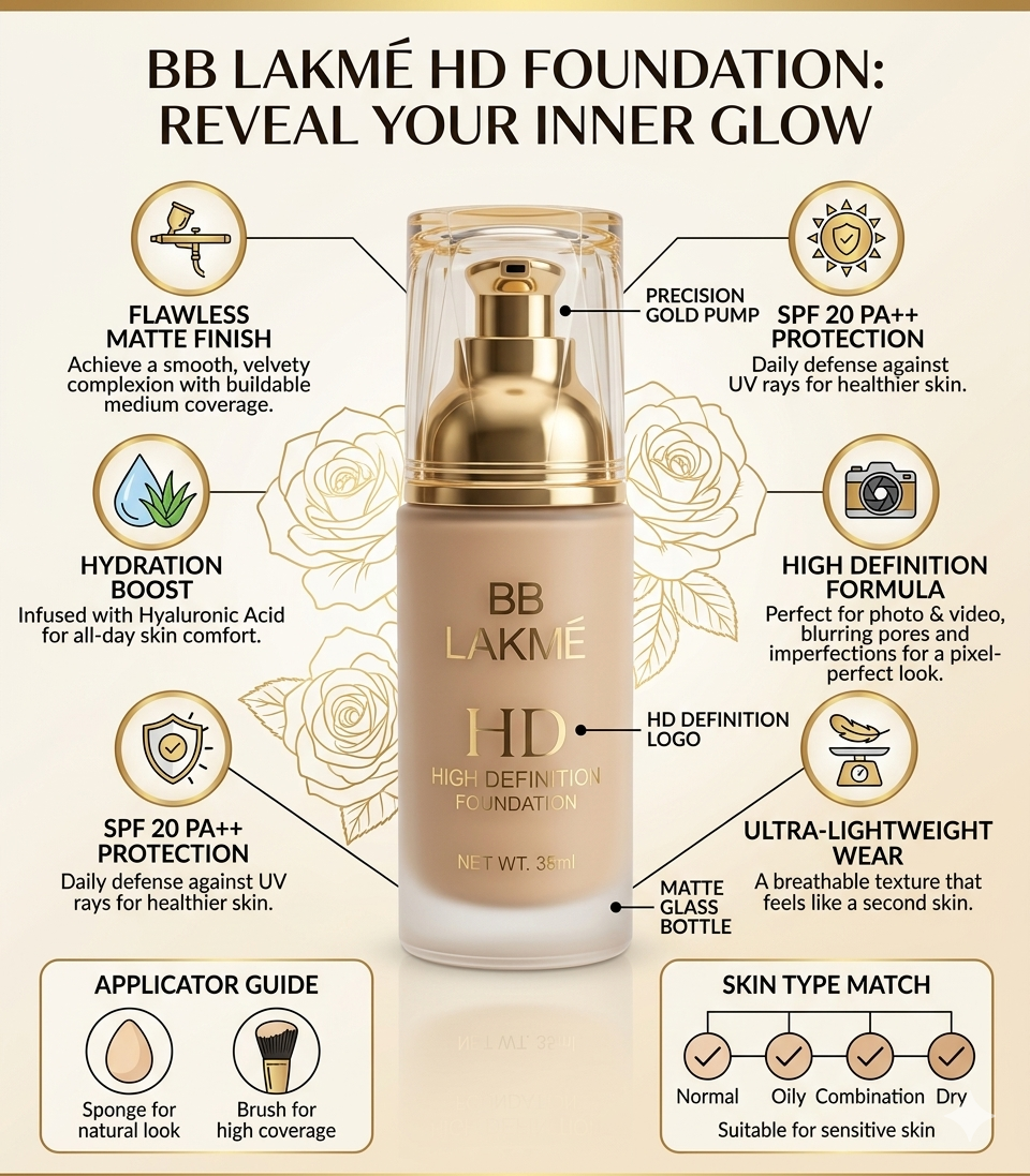 BB LAKMÉ HD Liquid Foundation | 35ml Ultra-Lightweight Wear Matte Base – Breathable Full Coverage & Photo-Ready High Definition Formula with Precision Pump