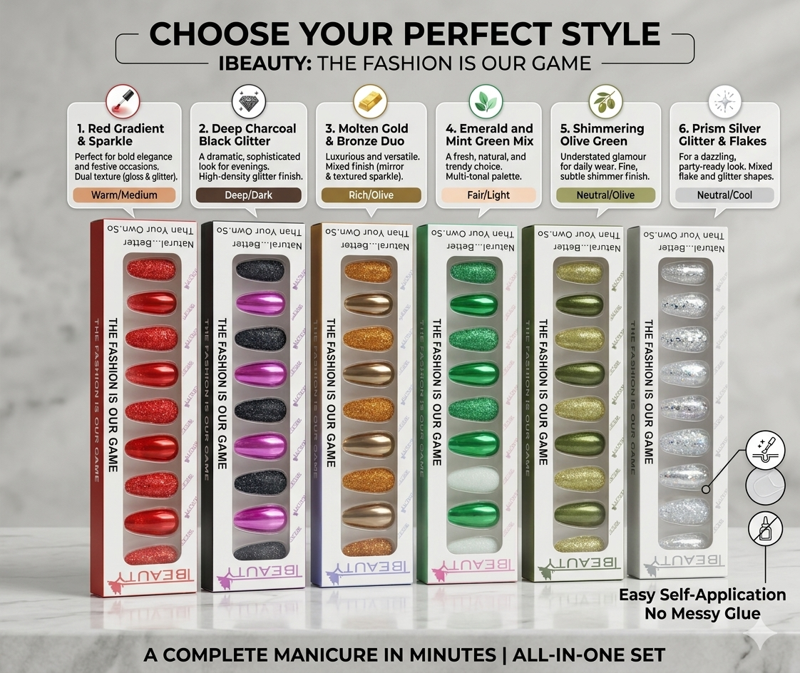 IBEAUTY Premium Press-On Nails Set | 12 Custom Fashion Styles – Chrome Gradient, Molten Gold, Charcoal Glitter, Emerald Green, Shimmer Olive & Prism Silver False Nails Pack